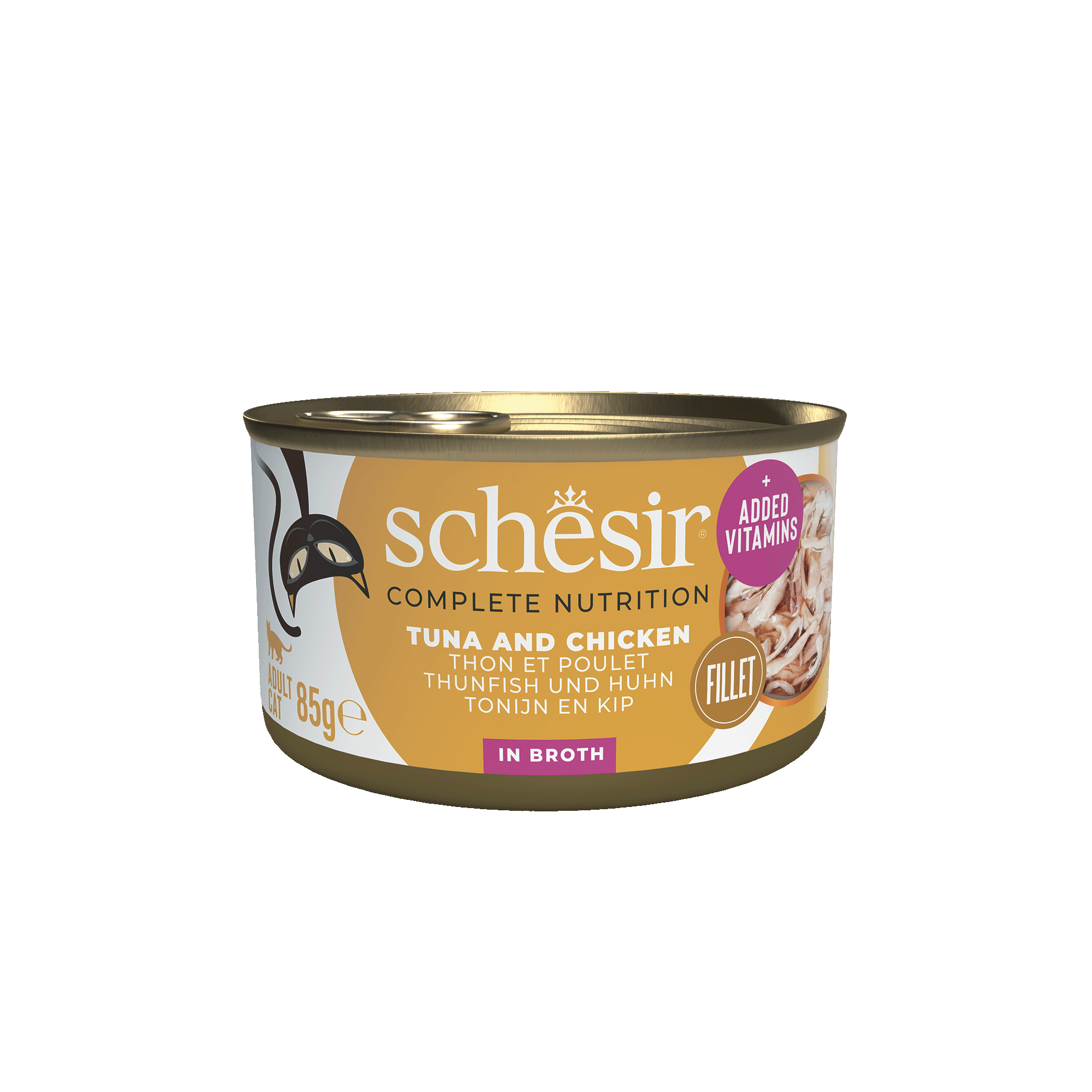 Schesir Lata Atún y filetes de pollo con caldo 85g alimento completo