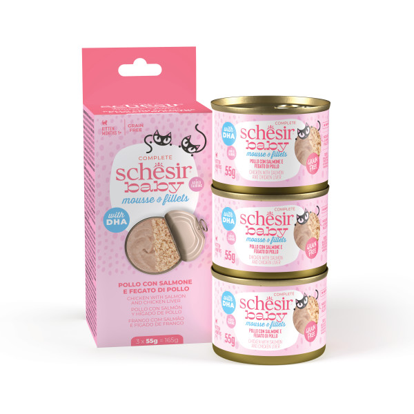 SCHESIR BABY MOUSSE CON FILETES POLLO CON SALMÓN E HIGADO DE POLLO 3X55 GR