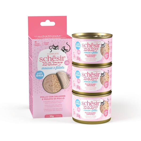 schesir baby mousse con filetes pollo con salmÓn e higado de pollo 3x55 gr