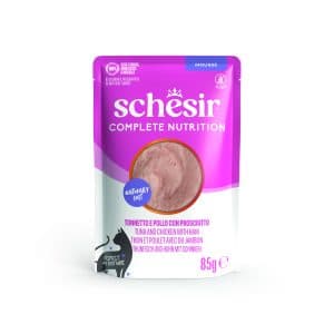 SCHESIR SOBRES 85 gr ATÚN CON POLLO Y JAMÓN EN MOUSSE NUTRICIÓN COMPLETA